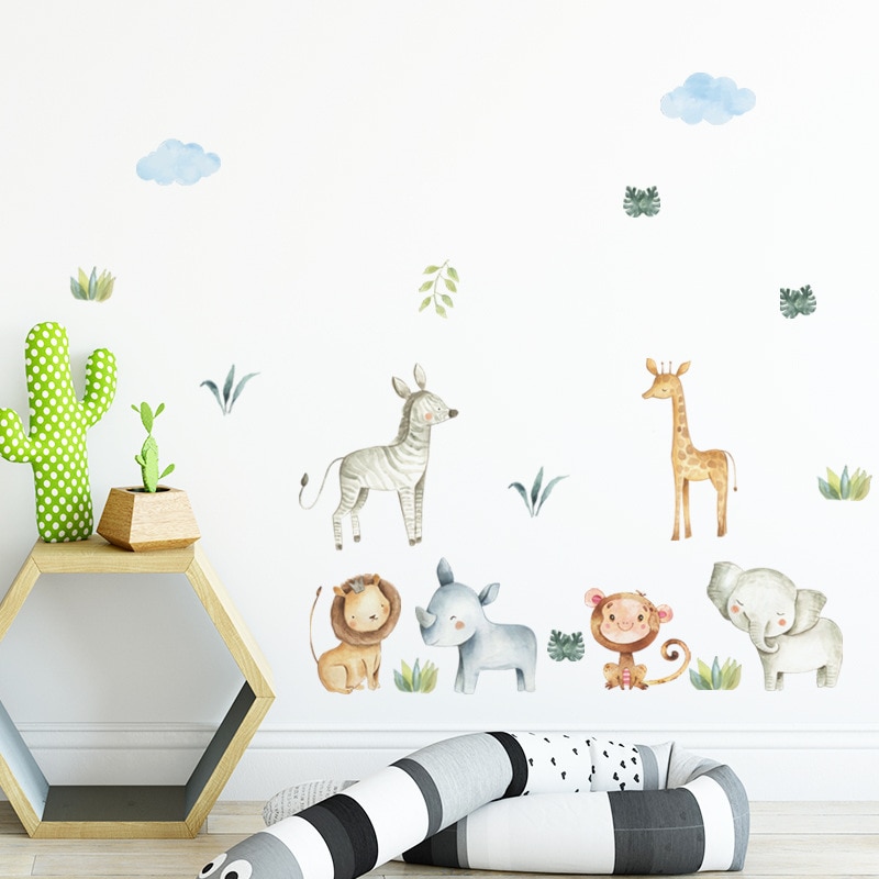 Watercolor Safari Cartoon Animals Jungle Wall Stickers for kids room Baby Nursery Room Decoration PVC wall Decals Living Room